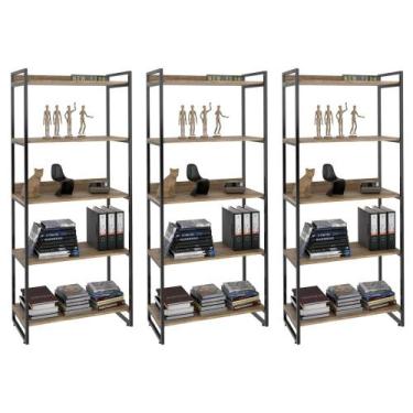 Imagem de Kit 3 Estantes Livreiro Prisma Estilo Industrial 80cm 5 Prateleiras Ca