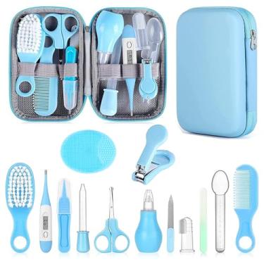 Imagem de Kit de cuidados para bebês, conjunto de cuidados com segurança infantil com escova de cabelo, pente e cortador de unhas, aspirador nasal, kit essencial para bebês recém-nascidos e meninos (azul)