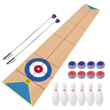 Imagem de WodGod 8.98’L Shuffleboard, Curling and Bowling 3 in 1 Board Game Set,with 8.98 Foot Game Mat,2 Cues,8 Curling Rocks,6 Bowling Pins,Fun Family Game