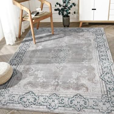 Imagem de DECOMALL Tapetes laváveis Maila 5 x 7, tapete persa tradicional com suporte de borracha, tapete de área oriental macio para sala de estar quarto sala de jantar, 1,5 x 2,1 m, cinza
