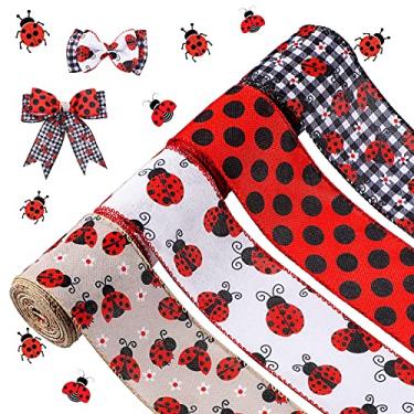 Imagem de WILLBON 4 Rolls 2.5 Inch x 24 Yard Ladybugs Canvas Ribbons Lady Bug Wire Edged Wrapping Ribbon Red Polka Dot Wired Edge Ribbon Grosgrain Red Dot Craft Ribbon for Crafting Wrapping Party Decoration
