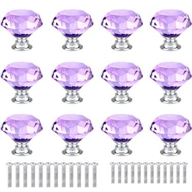 Imagem de ANJUU 12 maçanetas de armário de vidro cristal em forma de diamante de 30 mm com parafusos, puxador de gaveta usado para cozinha, cômoda, porta, armário (roxo)