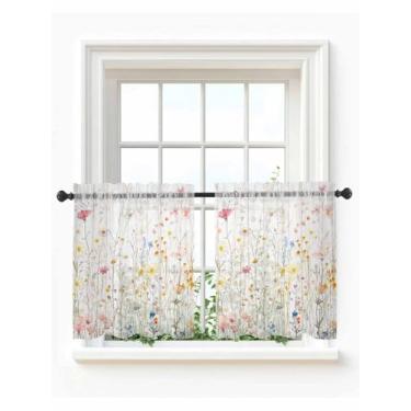 Imagem de Cortinas transparentes de camada de cozinha com flores de primavera 61 cm de comprimento, flores botânicas pequenas meias cortinas, bolso de varão, vanlance, aquarela flores silvestres, tratamentos de