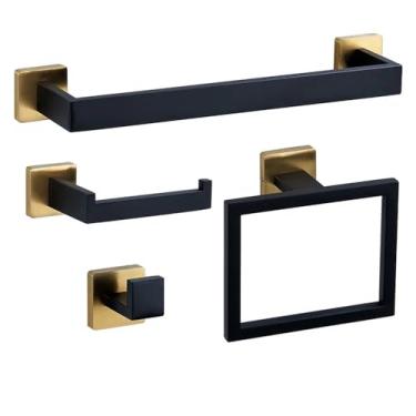 Imagem de Banheiro Preto Ouro Suporte de Papel Higiênico Suporte de Toalha Gancho de Roupão Anel de Toalha Conjunto de Ferragens de Banheiro de Aço Inoxidável kit, conjunto de 4 peças b