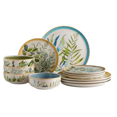 Imagem de Corona Conjunto de louça de cerâmica inspirado na floresta botânica com 12 peças | Pratos e tigelas | Serviço para 4 | Siena