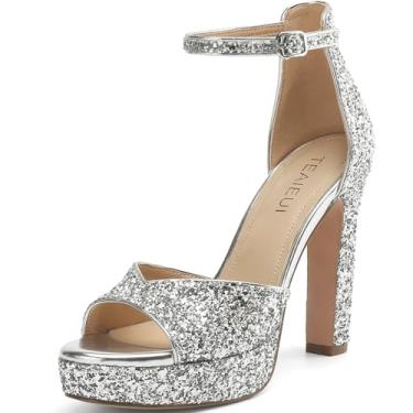 Imagem de TEAIEUI Sandálias de salto plataforma de strass pérola para mulheres, sandálias de casamento para noiva, salto grosso, sapatos de noiva com tira no tornozelo, X-glitter prata, 41