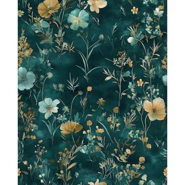 Imagem de Laatse Papel de parede floral azul-petróleo/amarelo, papel de parede boho 44,5 cm x 299,7 cm papel de contato vintage flores silvestres à prova d'água autoadesivo moderno papel de parede para quarto