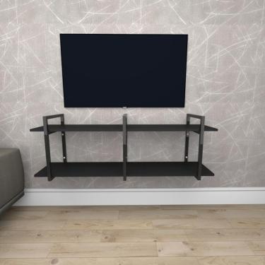 Imagem de Rack Aparador Suspenso Prateleira Preto Estante Nicho Industrial Estante Nicho Ferro Madeira