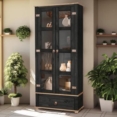 Imagem de Cristaleira 2 Portas Vidro Madeira Maciça Retrô Preto Garapa D106 Shop Jm