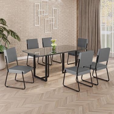 Imagem de Conjunto Sala De Jantar Mesa 160x90cm Base Lunna Tampo Mdf Laca Com Vidro Napoli Grafite - Preto