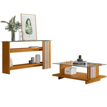 Imagem de Kit Aparador e Mesa de Centro Foz Retangular Vidro MDP 150cm Off White Cinamomo para Sala