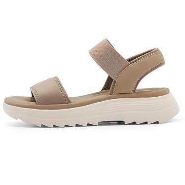 Imagem de T TICCI Sandálias femininas de plataforma, tira elástica, preta com sola creme, sandálias confortáveis para caminhada, Caqui, 38