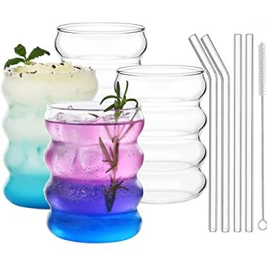 Imagem de ALINK Copos para beber bolhas - copos de vidro fofos em forma de ondulação vintage com nervuras - coquetéis, água, refrigerante, suco, café, leite - 350 ml - conjunto com 4