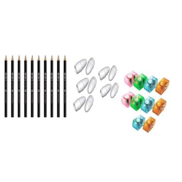 Imagem de Kit 10 Lápis HB Nº2 + 10 Borrachas Ponteira + 10 Apontadores 2 Furos – Ideal p/Escola e Escritório ou Casa