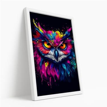 Imagem de Quadro Decorativo Coruja Colorida Olhar Intenso Arte Moderna Estilo Pop Vibrante Fundo Preto Impactante Com Moldura