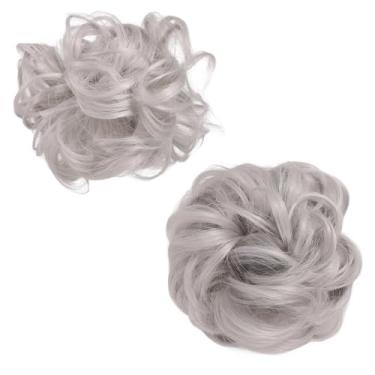 Imagem de lasuroa 2un. Peças Coque Bagunçado Postiço, Extensão de Cabelo com Presilha Garra Sintético Ondulado Cacheado Coque Rabo de Cavalo para Mulheres (Cinza)