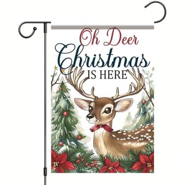 Imagem de Starlit Patio Bandeira de jardim de Natal rena Oh Deer Christmas Is Here bandeira 30,5 x 45,7 cm bandeira de quintal de férias dupla face decoração de inverno sazonal ao ar livre para gramado jardim