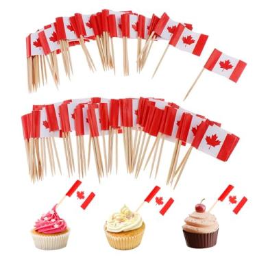 Imagem de Palitos de dente de bandeira, 100 peças, mini bandeiras do Canadá em palitos de alimentos, palito de dente, topos de cupcake, mini palito de coquetel, decoração de bandeira para bar de festa do dia da