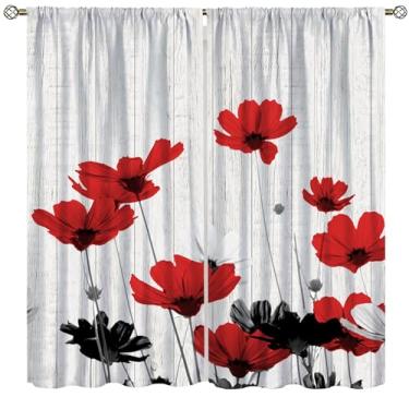 Imagem de wlsgdsg Cortinas florais cinza azul-petróleo para cozinha, retrô rústica fazenda flor em madeira vermelha cinza tratamento de janela impressão para quarto de meninas sala de estar 107 x 114 cm (sem