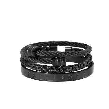Imagem de UTHOSMDO 3 peças de pulseiras de aço inoxidável para homens com palavras de runas vikings. Pulseira de cabo torcido, pulseira ajustável masculina, joias de luxo, pulseiras, presentes, Adjustable, Aço