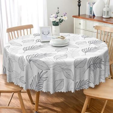 Imagem de SIEDYCV Toalha de mesa redonda com folhas tropicais, 152 cm, tecido com estampa de folhas de eucalipto, poliéster, antirrugas, lavável, preta, branca, para férias, jardim, piquenique, acampamento