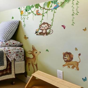 Imagem de WALLMEII Adesivos de parede de animais selvagens, árvores e videiras, macacos, leões e cervos sika, safári, adesivos removíveis para decoração de murais de parede para quarto de bebê, crianças