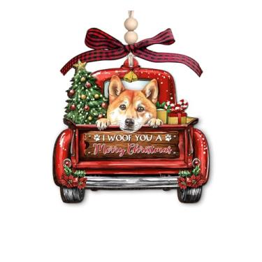 Imagem de Enfeite de Natal de madeira Shiba Inu - Decoração de Natal de caminhão vermelho com presentes de árvore de Natal e uma citação de Feliz Natal - Enfeite rústico de Natal para amantes de cães