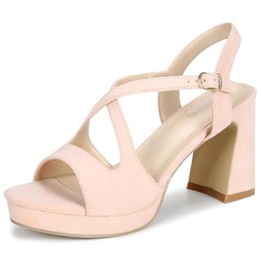 Imagem de CAMSSOO Sapatos de salto plataforma para mulheres, bico aberto, tiras altas e grossas, tira no tornozelo, salto alto, festa, casamento, formatura, 3,55 polegadas, Camurça nu, 39