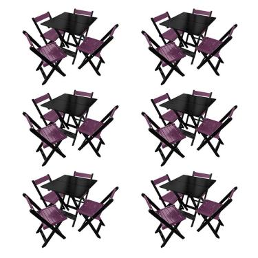 Imagem de Kit 6 Mesas De Madeira Dobrável Preto 70x70 Com 4 Cadeiras Dobráveis Roxo