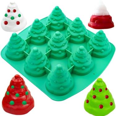 Imagem de Moldes de silicone para árvore de Natal, 9 cavidades, molde de árvore de Natal 3D para doces duros, caramelos, cubos de gelo, chocolate, petiscos para cães de estimação, decoração de cupcake, cera
