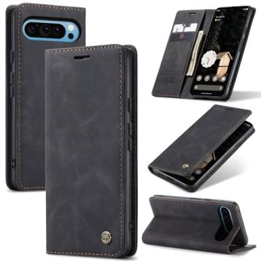 Imagem de Cracedily Capa para Google Pixel 10 Pro XL/Pixel 9 Pro XL, capa de couro tipo carteira flip com suporte para cartão, fecho magnético à prova de choque, capa protetora para celular, preta