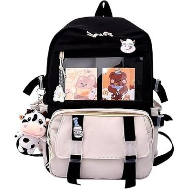 Imagem de Linda Mochila Pastel, Mochila Kawaii Para Meninas Adolescentes Mochilas Estéticas Para Estudantes Com Pin Kawaii E Acessórios Fofos, Black