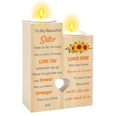 Imagem de Presentes para irmãs - Castiçais para irmãs de irmãs aniversário dia das mães Natal casamento dia dos namorados presente de formatura para irmãs amigas suporte de vela de madeira personalizado em