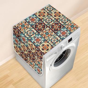 Imagem de Almofada de cobertura de máquina de lavar e secar azulejo marroquino - Tapete superior de aparelho antiderrapante, capa de poeira com padrão geométrico para máquina de lavar, decoração de lavanderia