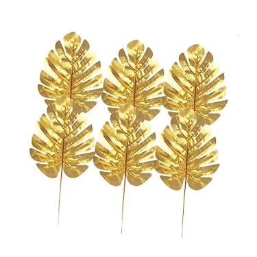 Imagem de 12 peças de folhas artificiais de monstera simulação de folhas de tartaruga com haste para decoração de casa suprimentos de parede cor dourada plantas falsas para decoração tropical