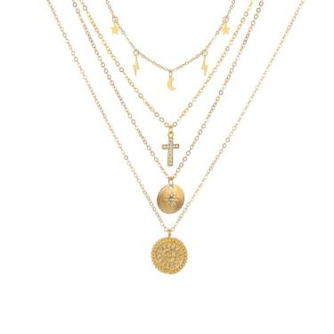 Imagem de MiiFort Colar boêmio, lua, estrela, sol, cruz, ouro, joia de aniversário, presente para mulheres, filha, delicada, gargantilha, corrente, moeda, pingentes