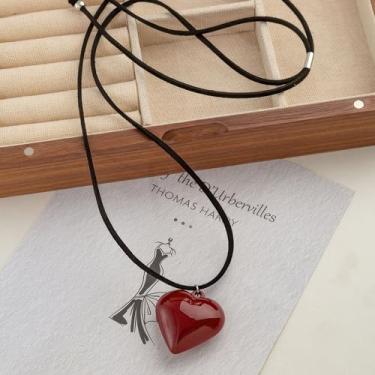 Imagem de Colar feminino com pingente de coração de vidro grande vermelho, elegante, ajustável, personalizado, Y2K, joias modernas, dia dos namorados, presentes para mulheres, esposa, irmã, filha, 18+2", Vidro