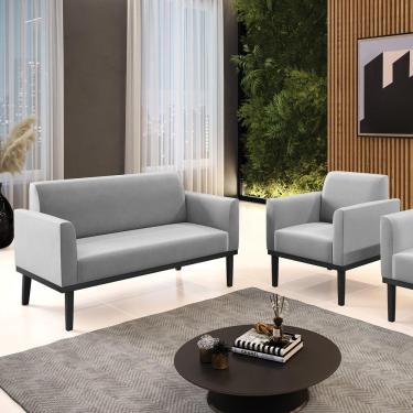 Imagem de Conjunto Poltrona E Namoradeira Decorativa Pés Fixo Em Madeira Preto Suede Cinza