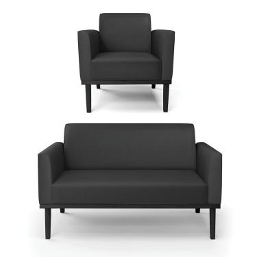 Imagem de Conjunto Poltrona E Namoradeira Decorativa Pés Fixo Em Madeira Preto Pu Preto