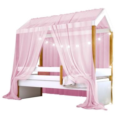 Imagem de Cama Montessori Cabana Com Cordão Led E Dossel Rosa