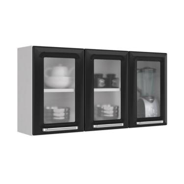 Imagem de Armário De Cozinha Aéreo Luce Preto 3 Portas 3 Vidros Itatiaia Preto