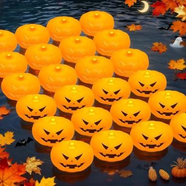 Imagem de 24 velas flutuantes de luzes de abóbora de Halloween, velas de LED sem chamas de 5,8 cm ativadas por água, 150 horas + bateria funciona à prova d'água para piscina/banheira/vasos cilíndricos/decoração