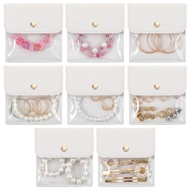Imagem de YBEATY 8 peças de bolsas de joias de viagem pequena bolsa de couro transparente organizador de joias leve portátil com botões de pressão bolsos para mulheres meninas anéis brincos colares