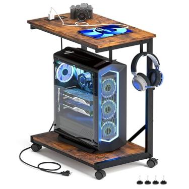 Imagem de Akxomel Suporte de PC de 64 cm de largura, suporte ajustável para torre de computador para jogos de 64 cm a 76 cm H com estação de carregamento, carrinho móvel para PC com ganchos, suporte de CPU para