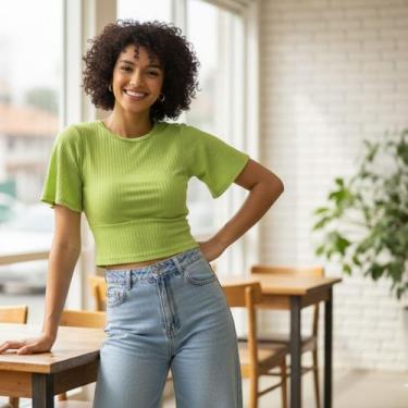 Imagem de Blusa Feminina Justa Canelada Cereja Rosa, M, Verde