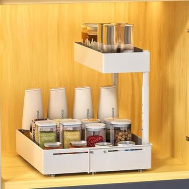 Imagem de LAKNUY Organizador embaixo da pia, organizador de armário de 2 níveis, gaveta de armário com altura ajustável, prateleiras de armazenamento deslizantes multiuso para casa, cozinha, banheiro (branco