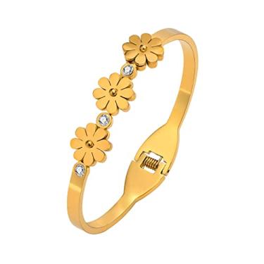 Imagem de Rockyu Pulseira de flores de aço inoxidável banhada a ouro para mulheres com zircônia cúbica, ajustável 60 mm, presente elegante e elegante para ocasiões especiais