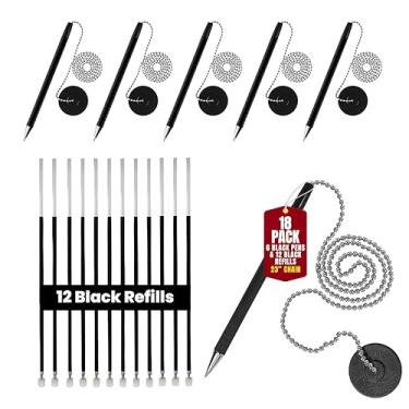Imagem de Uwaomah Caneta com corrente [pacote com 18] – Caneta de mesa de segurança em uma corrente com base adesiva e suporte de caneta de corrente de 58 cm | Inclui (6 canetas pretas e 12 pretas) refis para