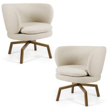 Imagem de Kit 02 Poltronas Decorativas Melissa Base Ka Giratória Castanho C-107 Linho Bege - Domi