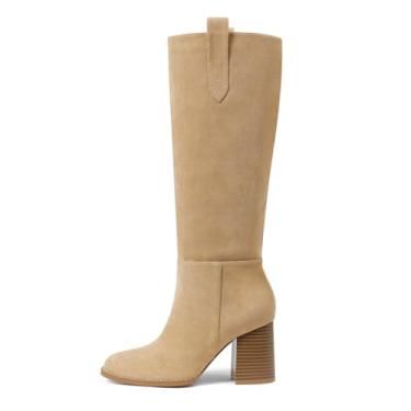 Imagem de Mattiventon Botas cano alto 2025 outono bico redondo grosso confortável moderno camurça longo botas sociais, Damasco, 40